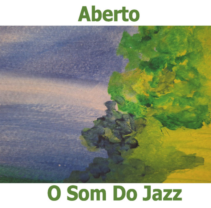 an album cover for aberto o som do jazz with an impressionist painting of trees and sky background