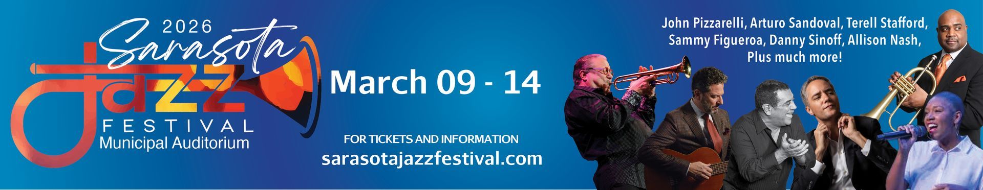 Banner for the 2015 Sarasota Jazz Festival, March 09-14, featuring band members playing instruments on a blue background.