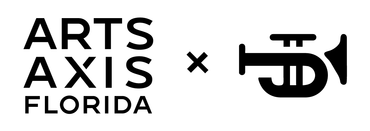 A black and white logo for arts axis florida with a trumpet.