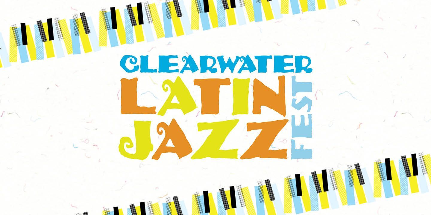 A poster for the clearwater latin jazz festival with a piano keyboard in the background.