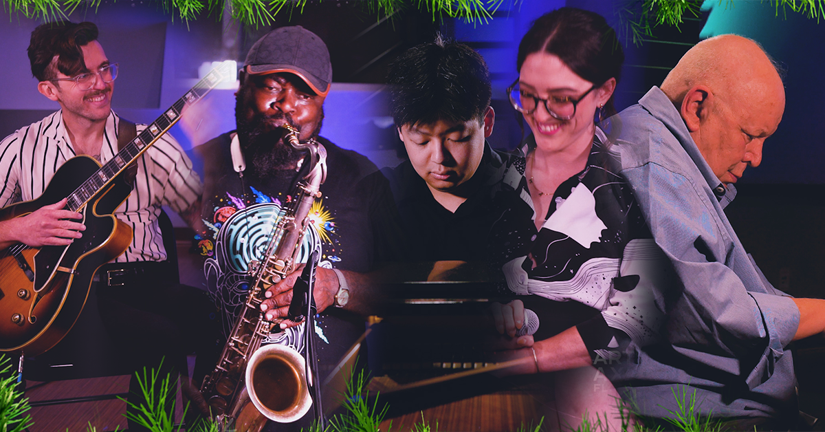 a group of musicians including a man playing a saxophone, a man playing a guitar, two men playing piano, and a woman smiling