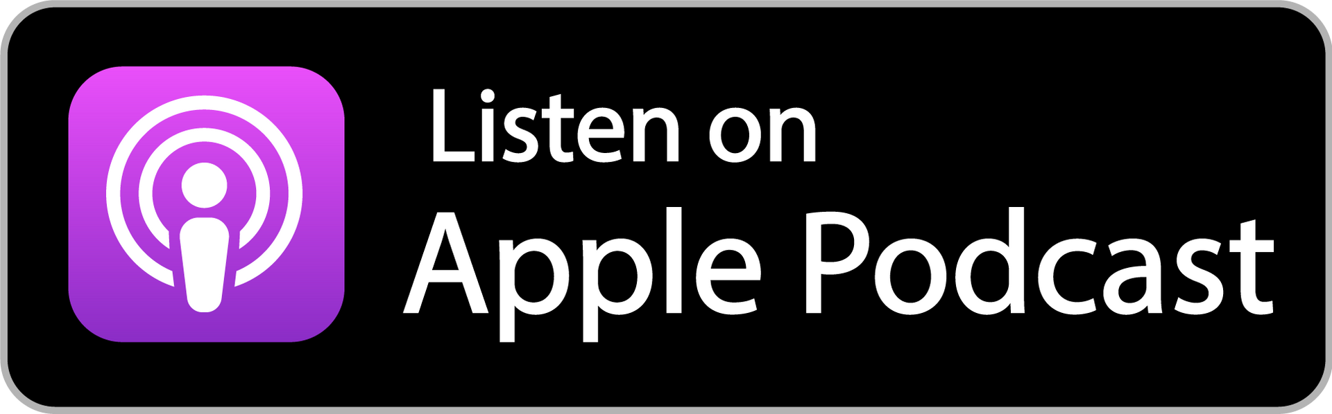 A button that says `` listen on apple podcast '' on a black background.