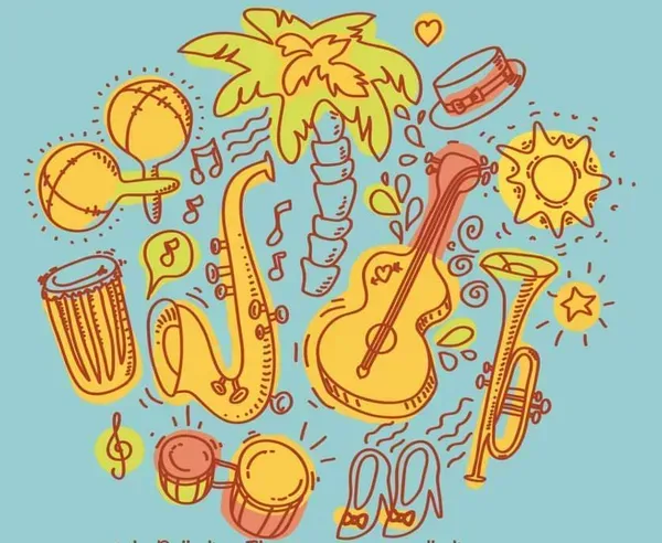 a drawing of musical instruments and a palm tree
