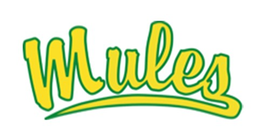 A yellow and green logo for mules on a white background