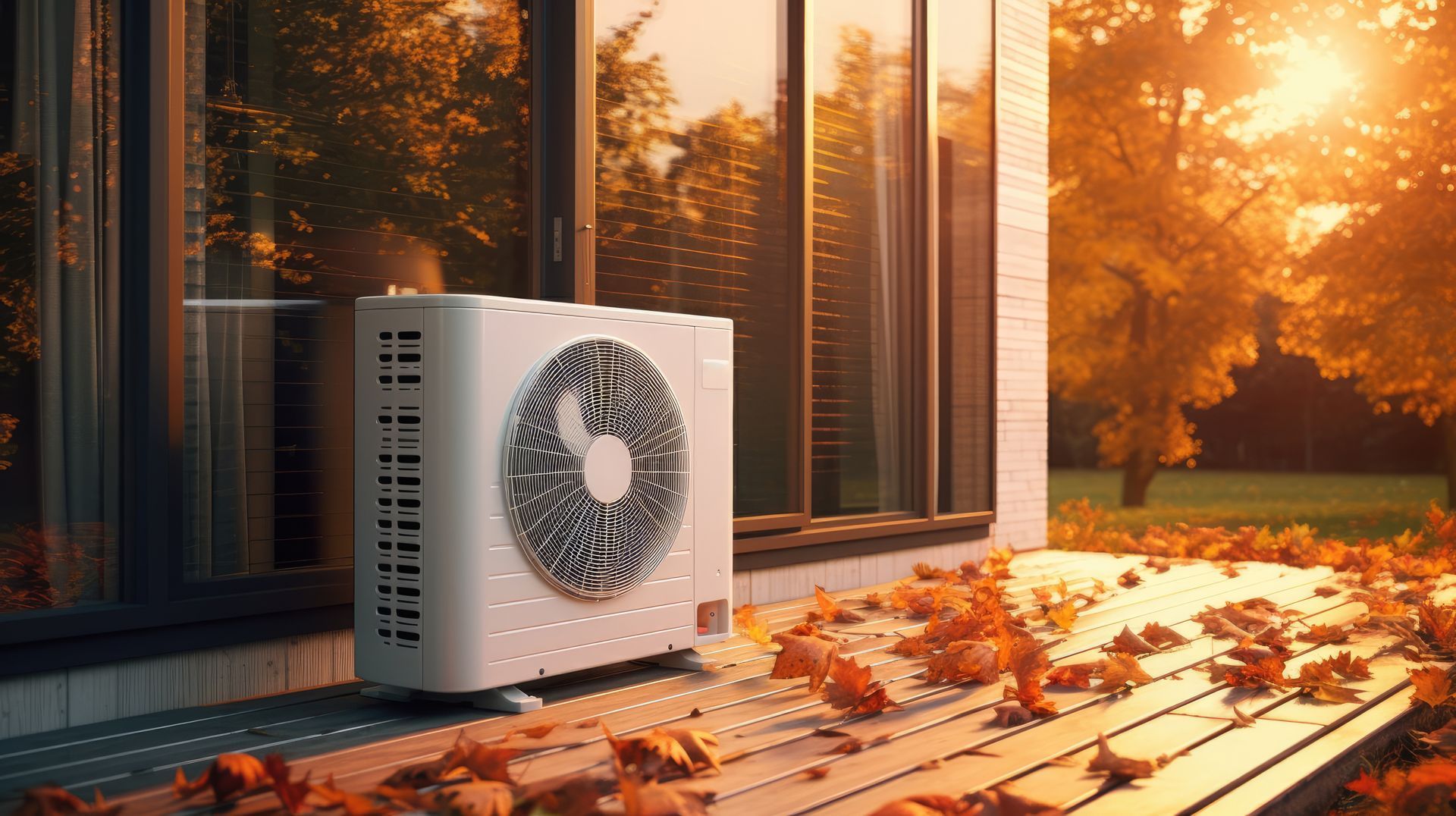 Unité de climatisation extérieure sur une terrasse en bois à côté d'une maison, éclairée par la douce lumière du coucher de soleil et par les feuilles d'automne.