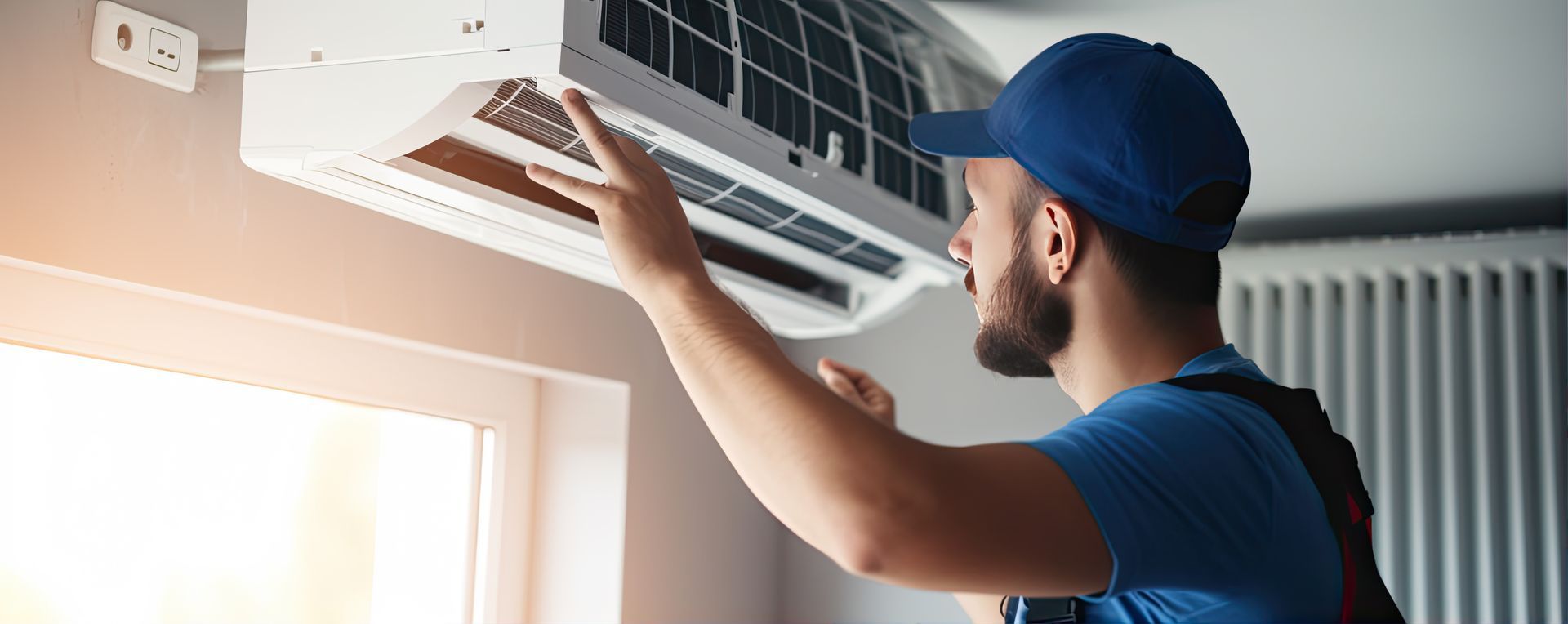 Un technicien effectue l'entretien d'un climatiseur mural à l'intérieur, près d'une fenêtre.