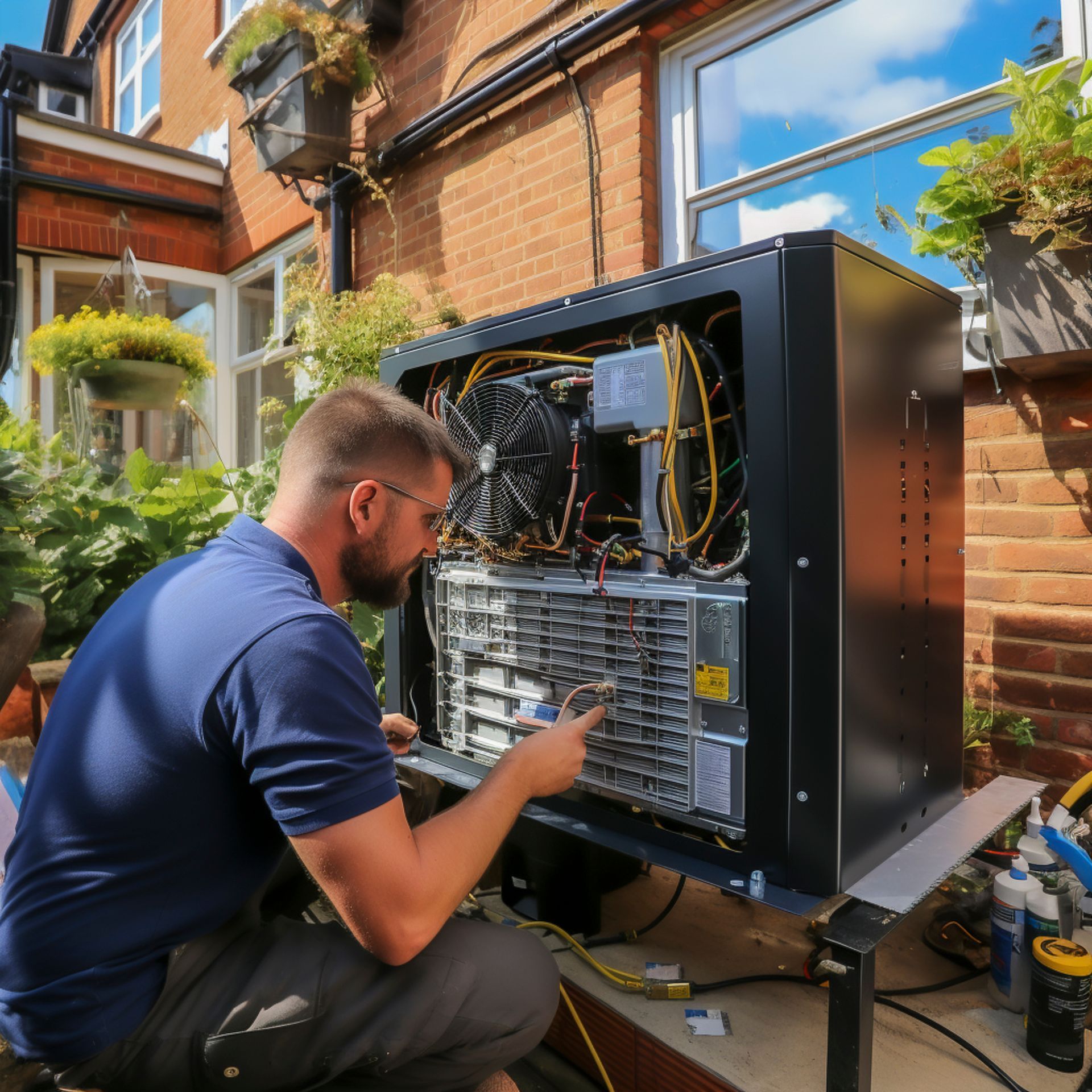 Un homme en chemise bleue travaille sur un serveur informatique extérieur contre un mur de briques, la lumière du soleil étant visible.