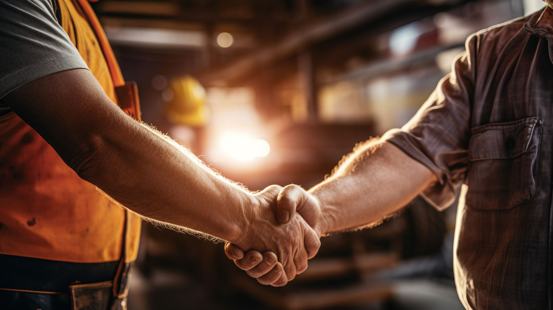 Dans un atelier à l'éclairage chaleureux, deux ouvriers se serrent la main, symbolisant un accord ou un partenariat.