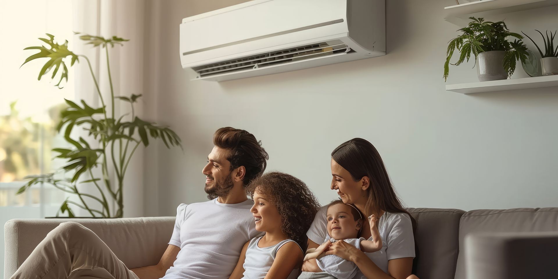 Famille sur un canapé profitant de la climatisation. Des plantes et un système mural sont également visibles.