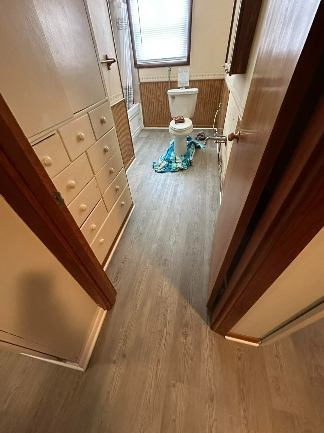 Bathroom with wood-look flooring, toilet, and tall white storage cabinet. Brown door frames. Light blue cloth on the floor.