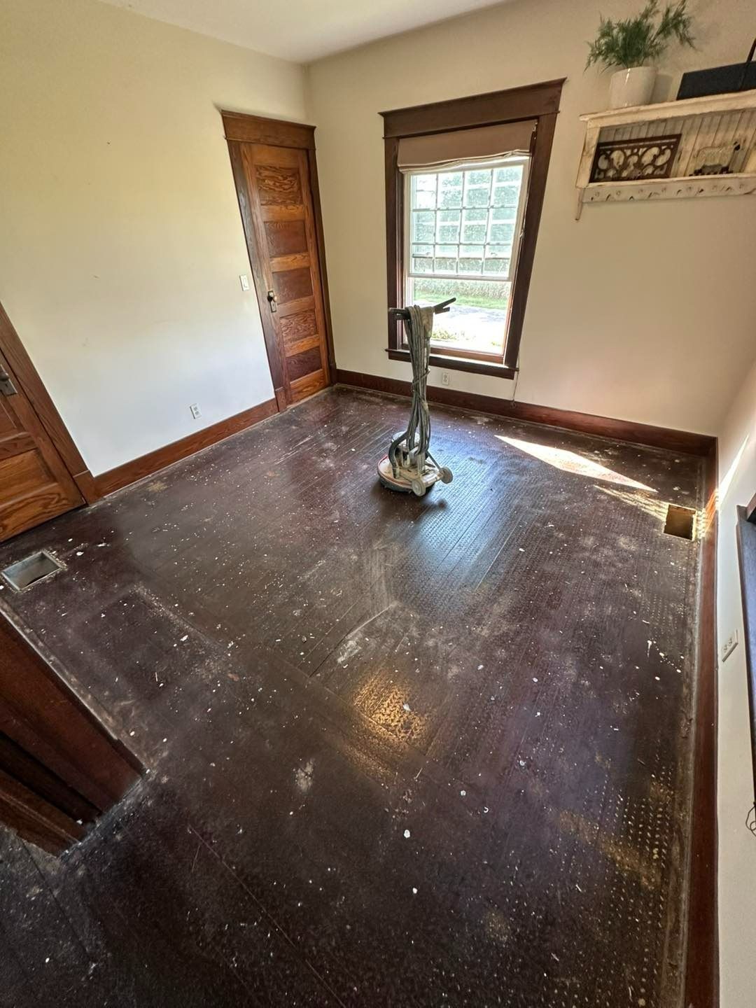 Dark-stained hardwood floors in a room with a window, doorway, and a sculpture; dust and debris cover the floor.