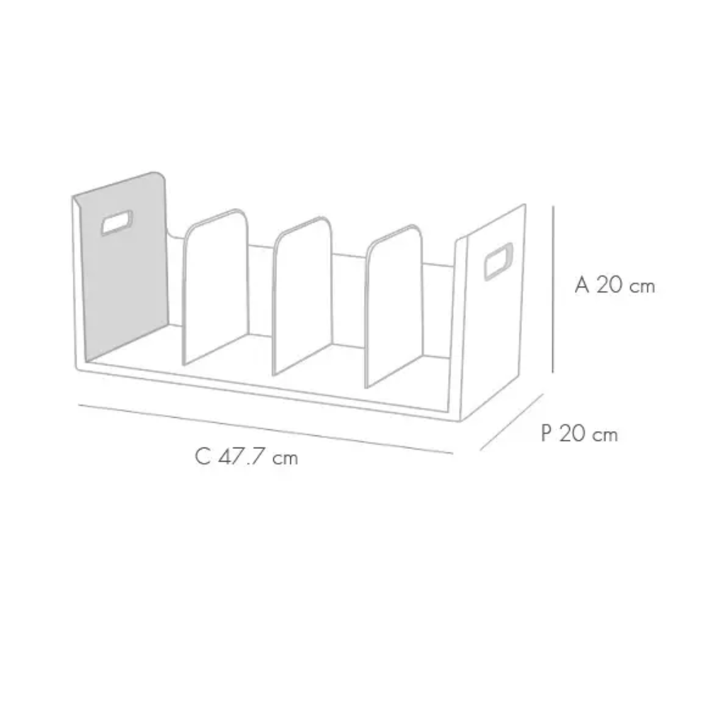 Dibujo de una estantería con medidas sobre fondo blanco.