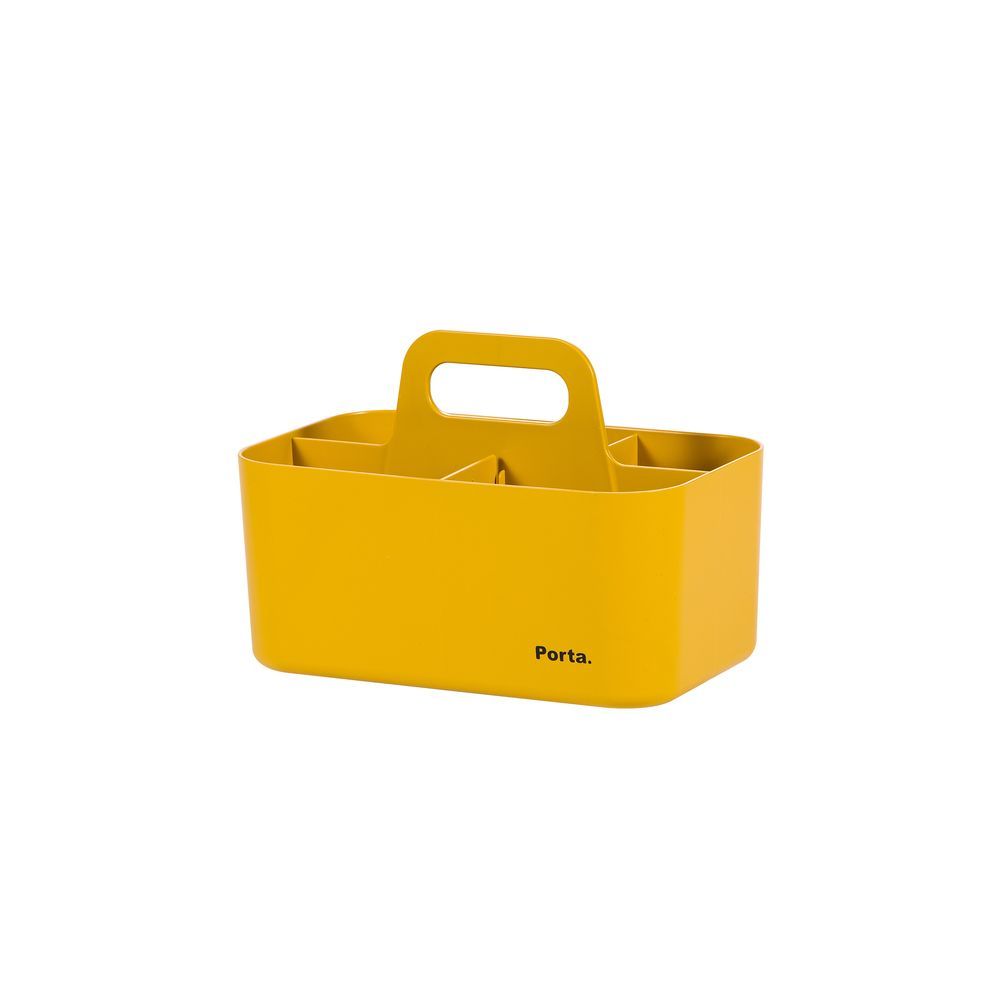 Um recipiente amarelo com uma alça e a palavra porta nele