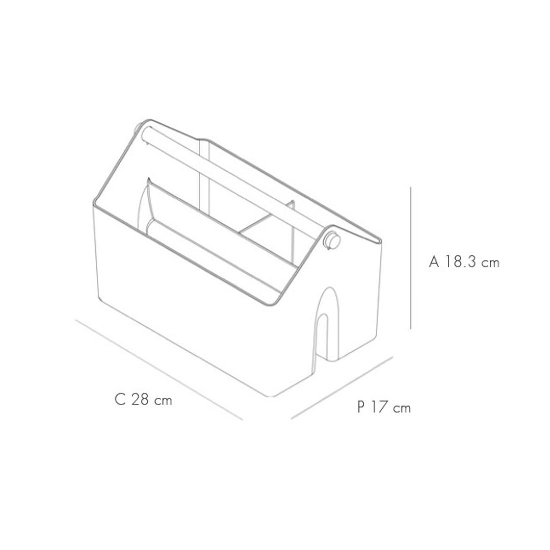 Dibujo técnico con dimensiones de la cesta organizadora con asa de litem.