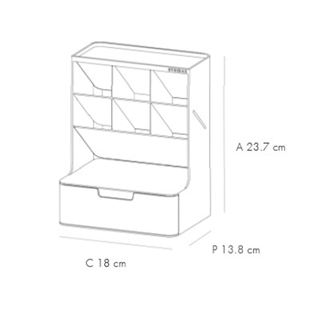 Imagen técnica con 6 compartimentos para almacenamiento y un cajón.