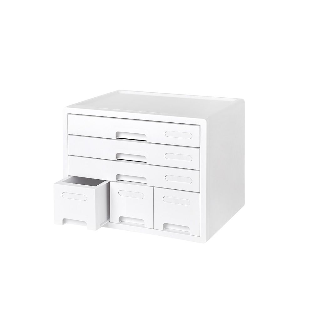 Una cómoda blanca con cuatro cajones y un cajón pequeño.