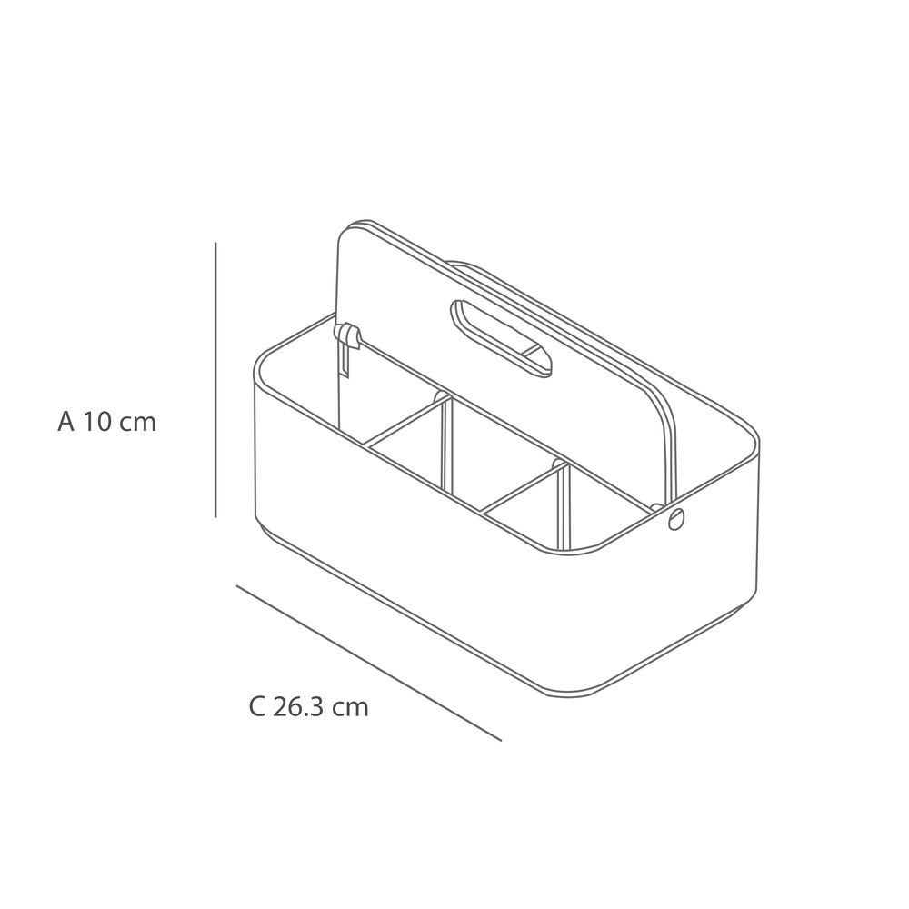 Un dibujo en blanco y negro de una caja de herramientas con asa y medidas.