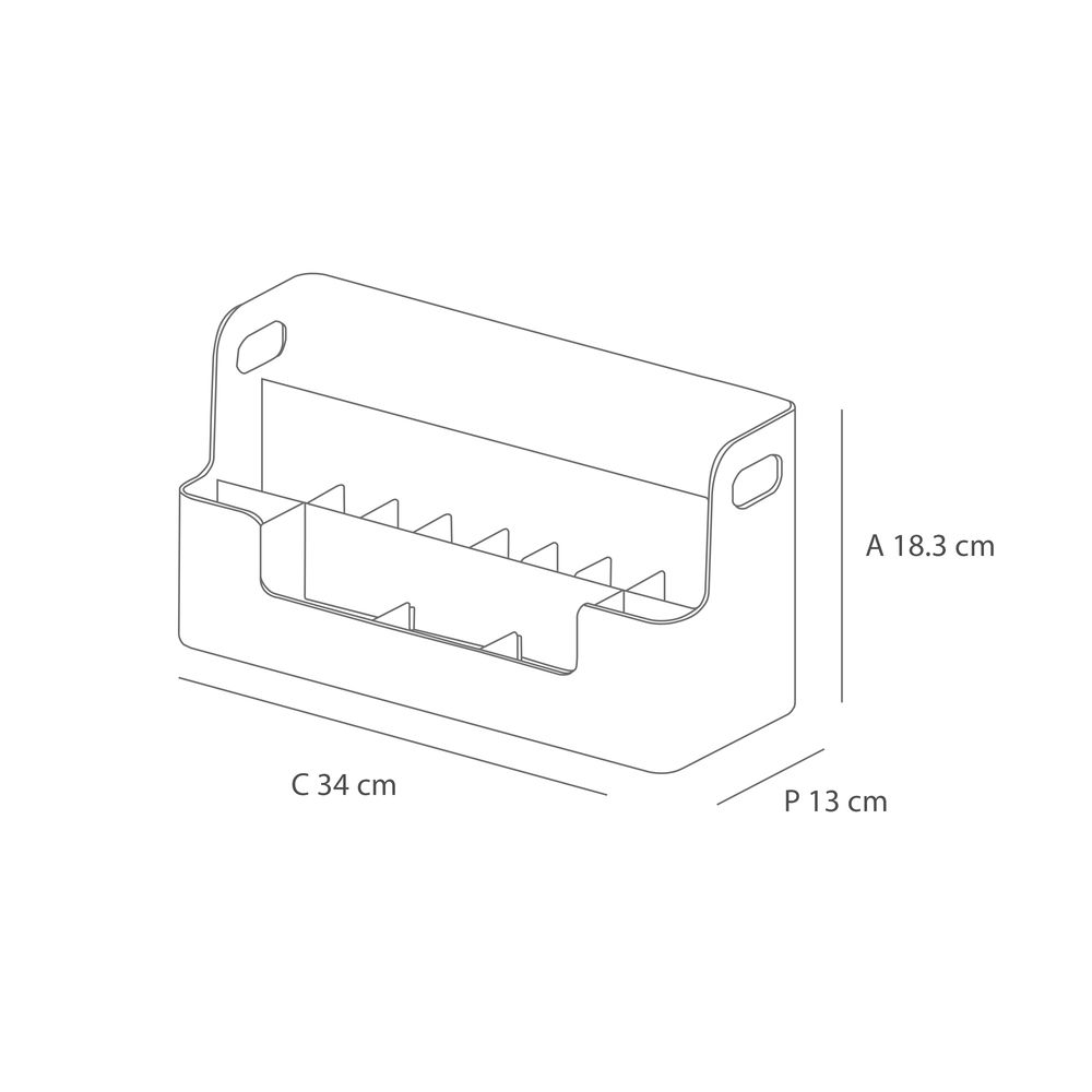 Imagen técnica del organizador de escritorio con varios compartimentos para guardar cosas.