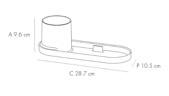 Imagen técnica con dimensiones de la bandeja de soporte gris claro