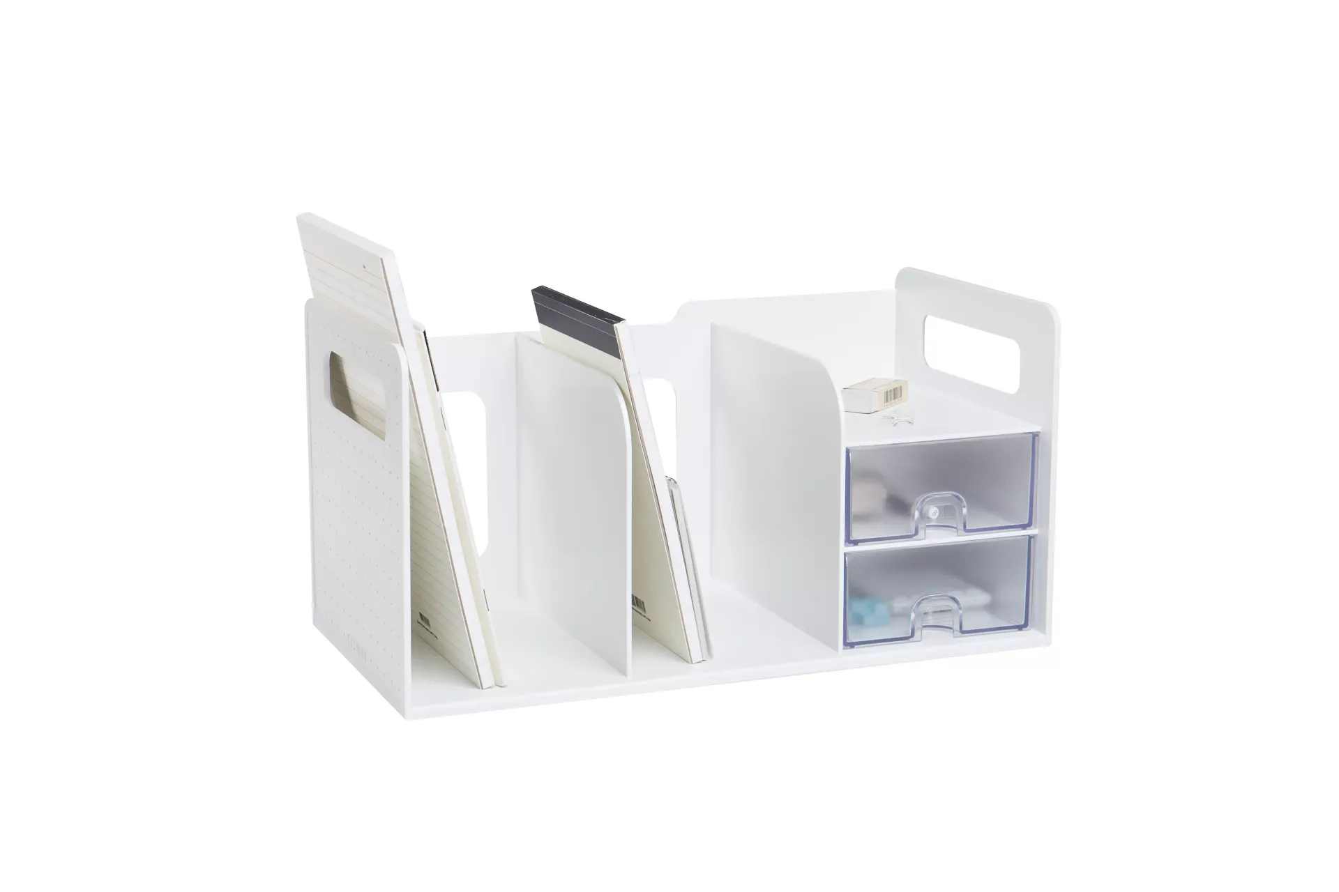 Organizador de escritorio con libros y material escolar