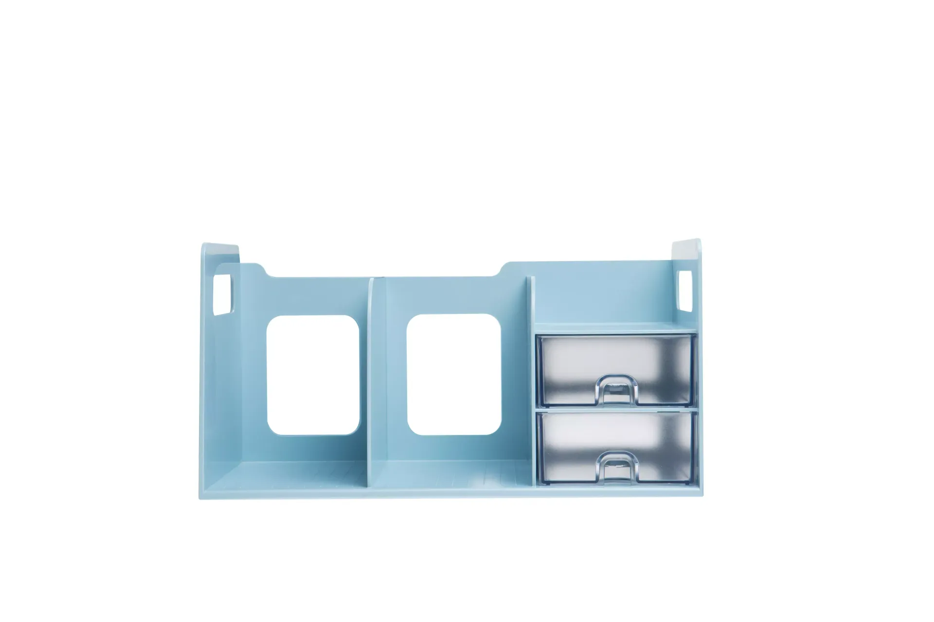 Un organizador de mesa azul con cajones y estantes sobre un fondo blanco.