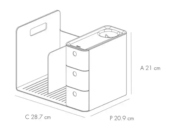 Un dibujo en blanco y negro de un organizador de escritorio con medidas.