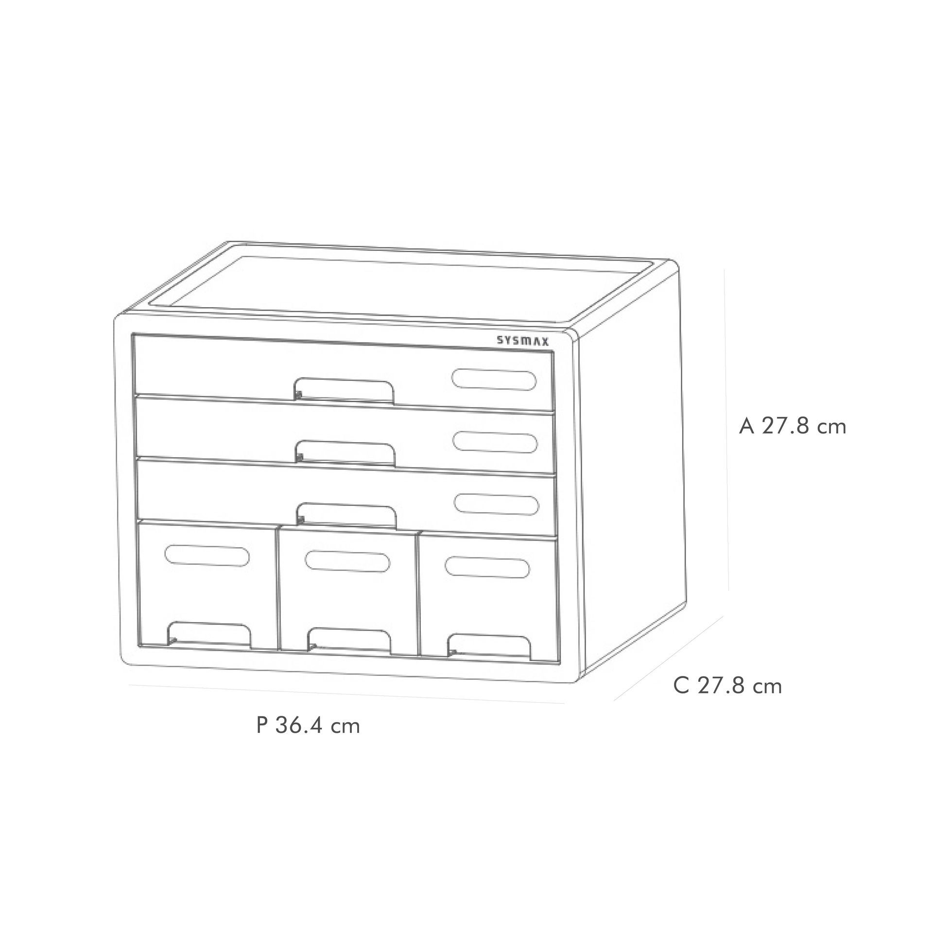 Diseño técnico del organizador de Litem con 3 cajones grandes y 3 cajones pequeños.