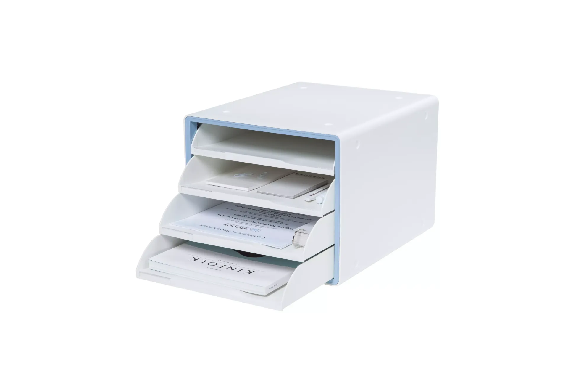 Organizador de escritorio azul con cajones abiertos para almacenamiento