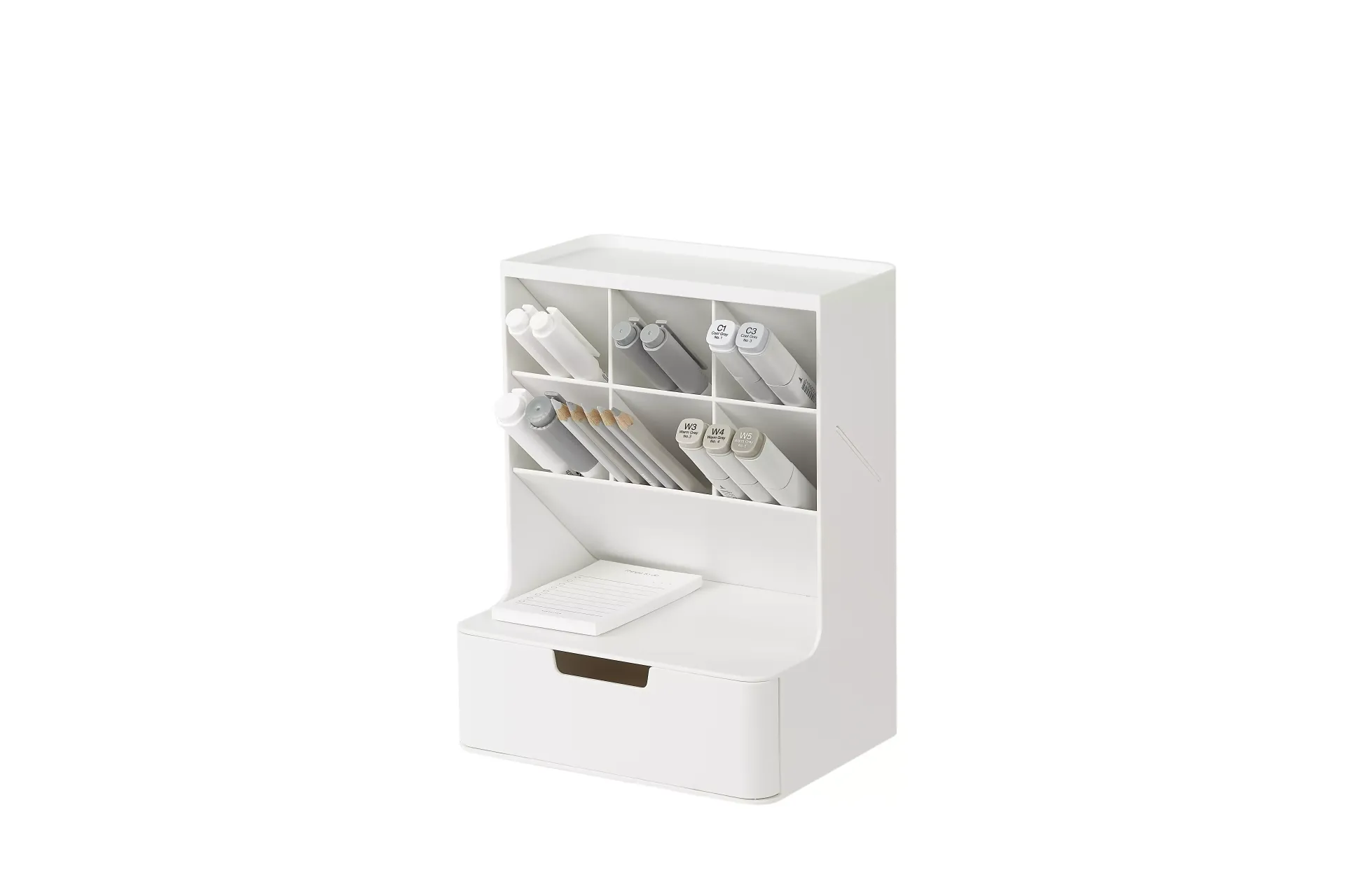 Organizador de escritorio con 6 compartimentos para bolígrafos y un cajón