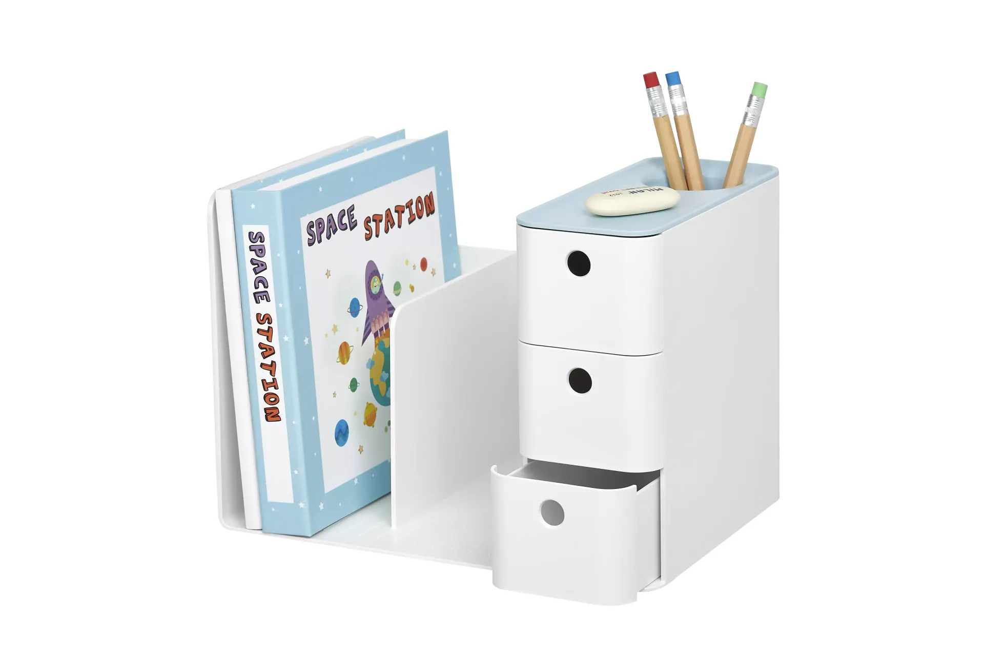 Organizador de secretária com duas divisórias para livros e 3 gavetas com livros e canetas arrumados