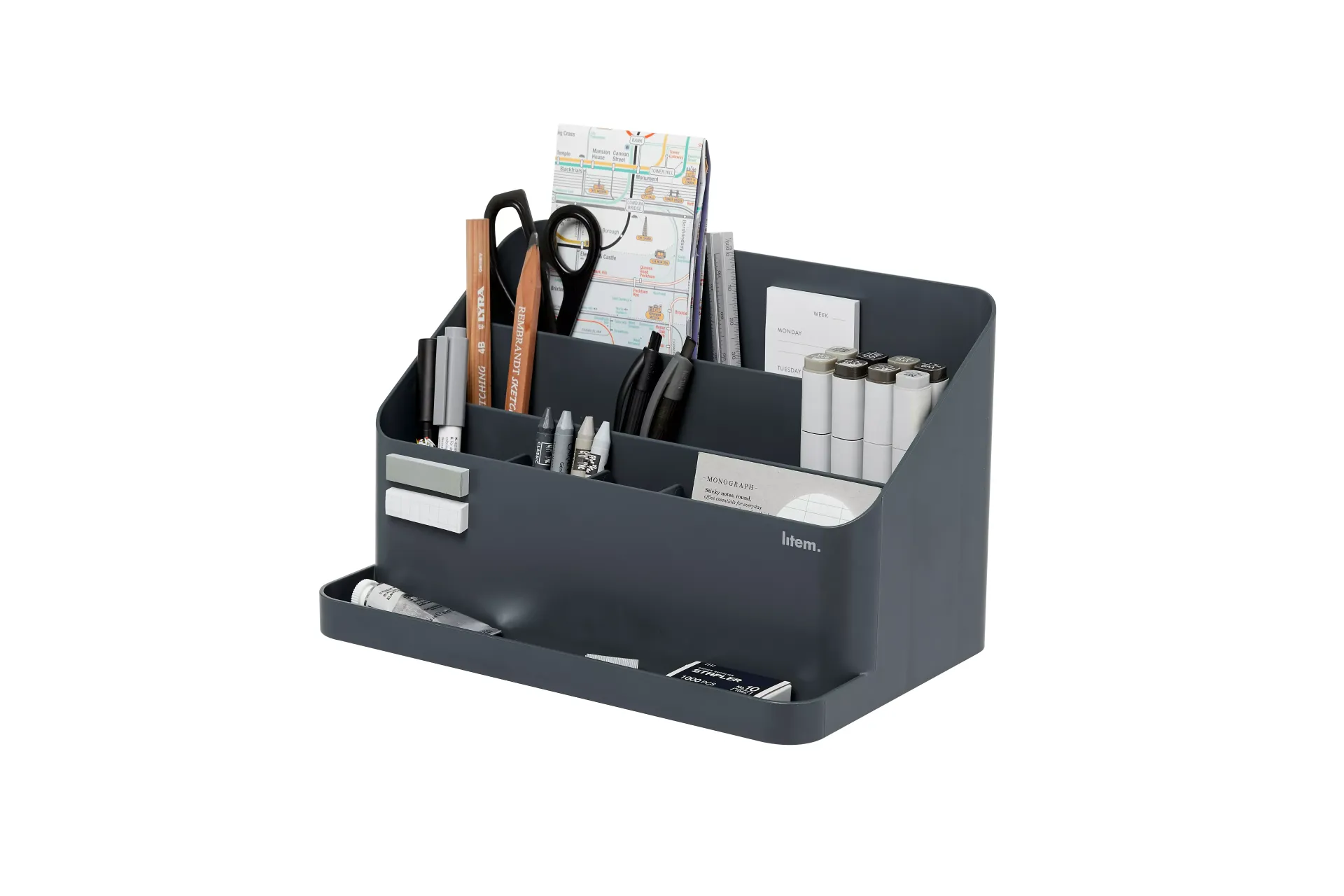 Un organizador de escritorio negro lleno de diversos materiales de oficina.