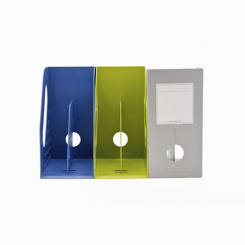 Una carpeta azul, verde y gris con una etiqueta.