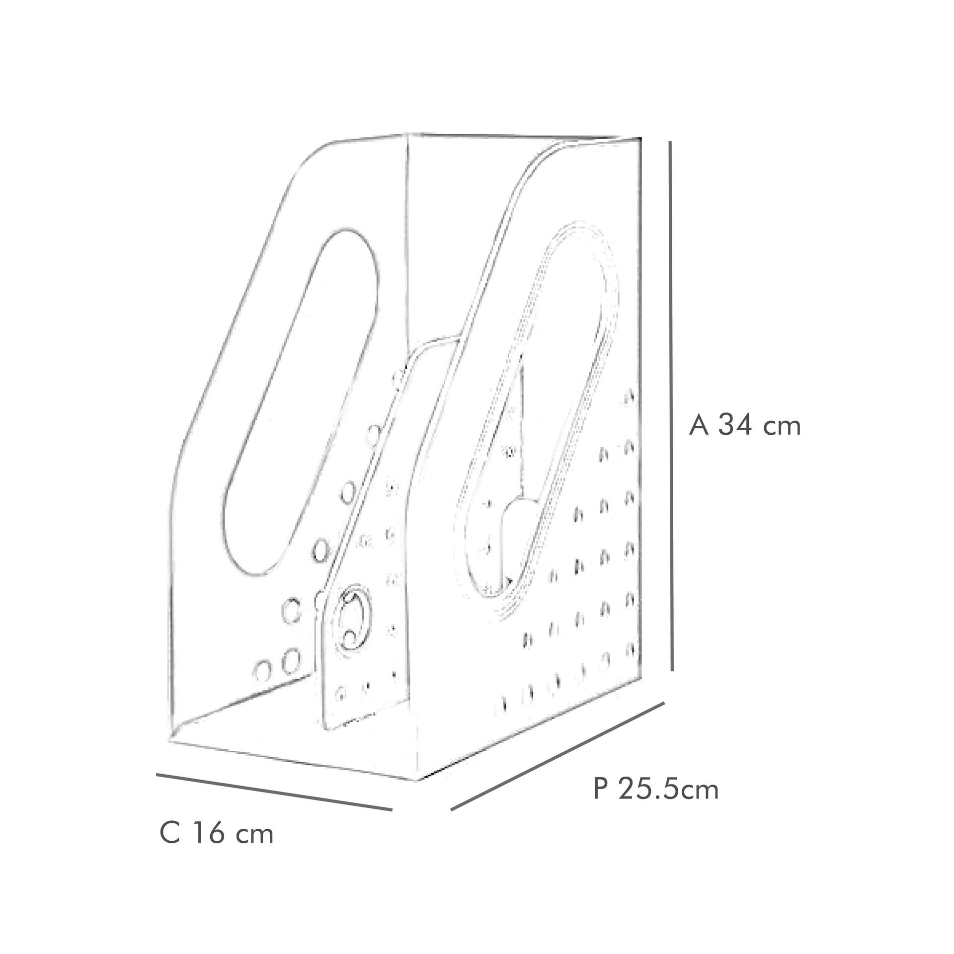 Imagen técnica del organizador de escritorio con espacio para libros, revistas y papeles.