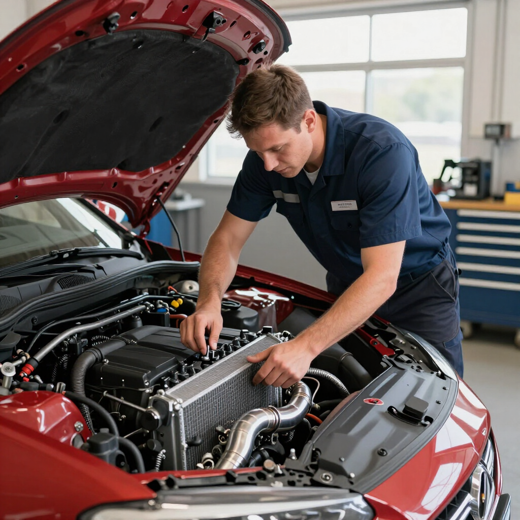 Mechanic working under open hood of red car in a bright auto shop