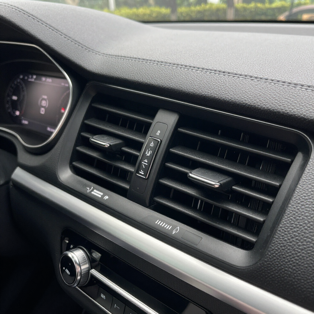 Car dashboard with center air vents, control knobs, and a digital instrument cluster visible on the left.