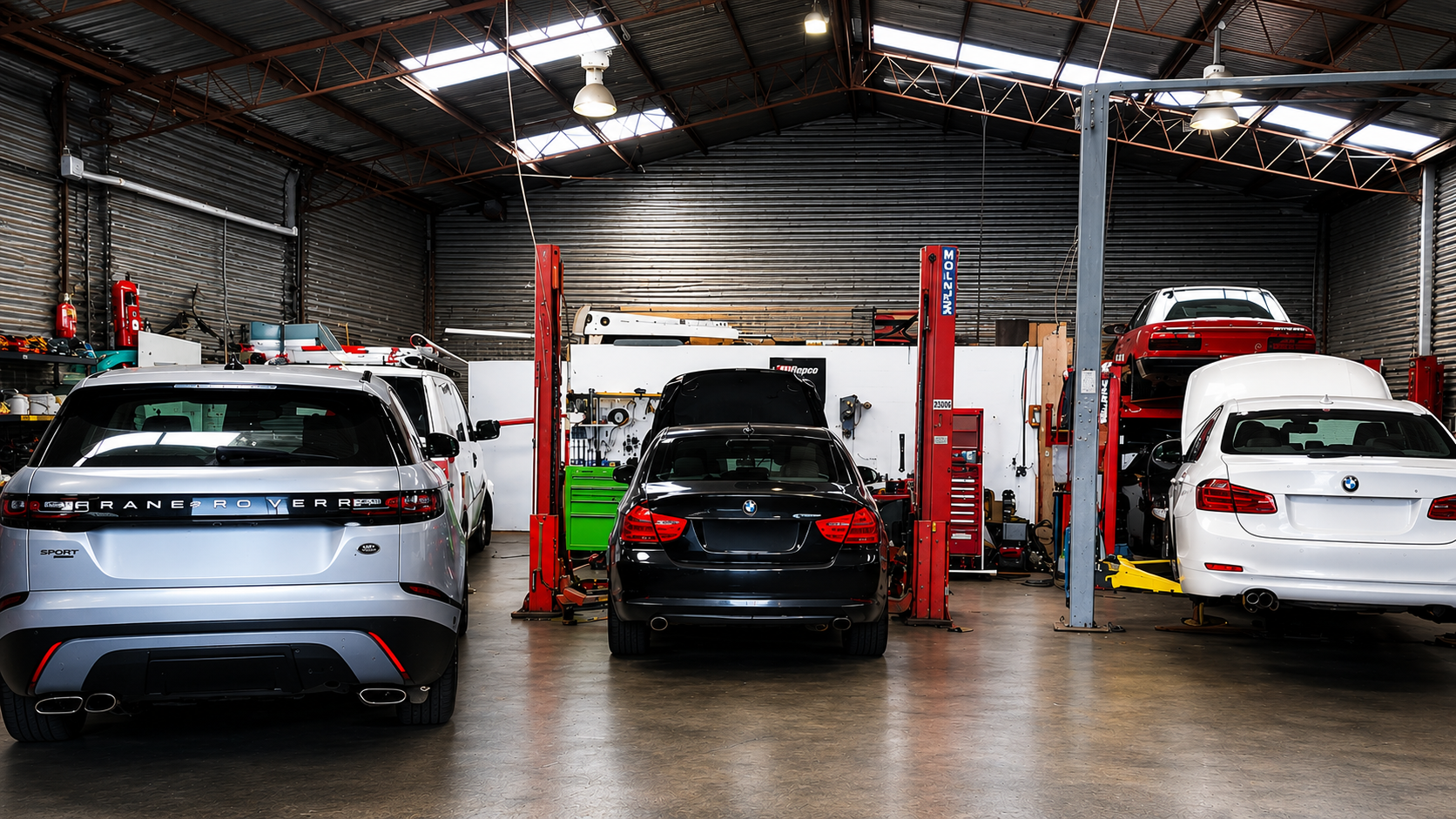 Cars on lifts in an auto repair shop, including a black car centered between two white cars.