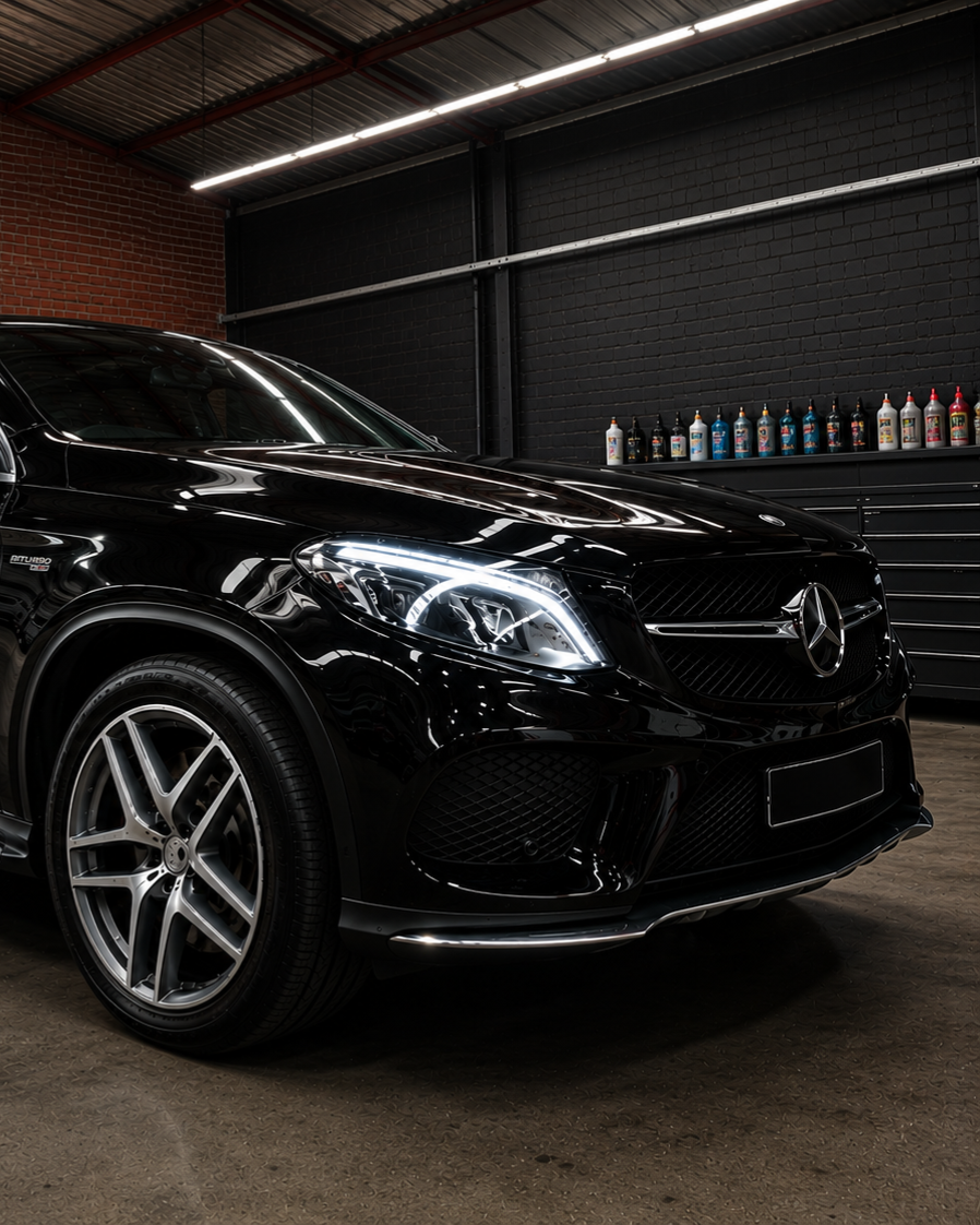 Black Mercedes SUV parked in a dim garage, with glossy paint and shelves of bottles in the background