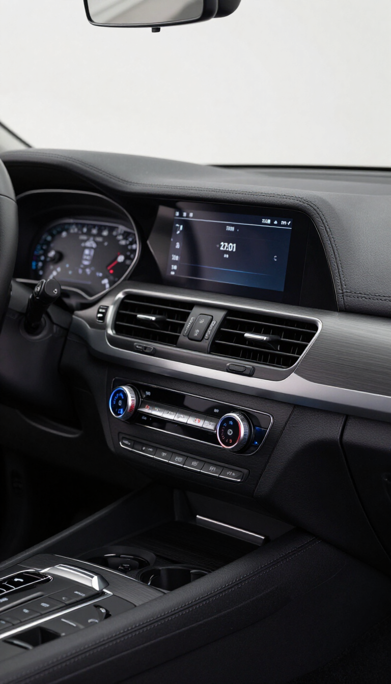 Car dashboard interior with steering wheel, digital display, vents, and center controls in a dark trim cabin