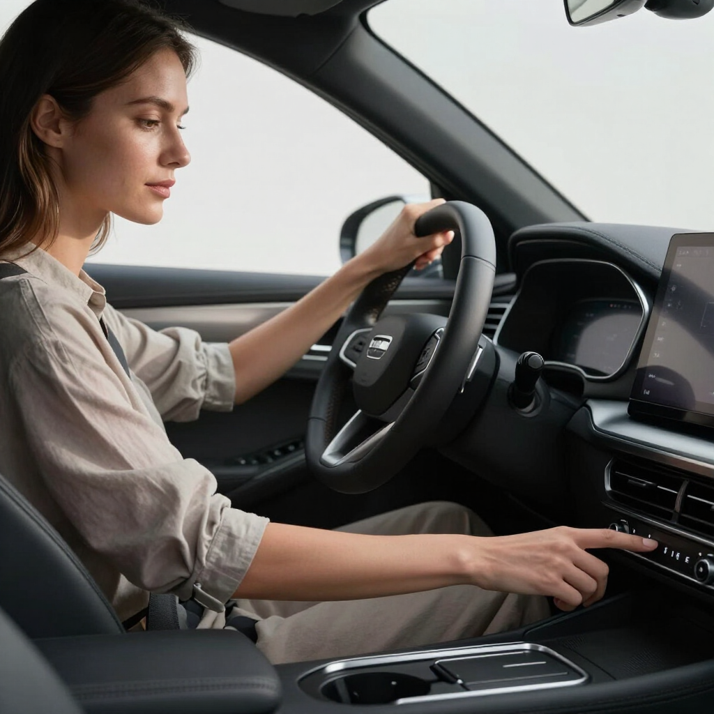 Woman driving a car and adjusting the dashboard controls
