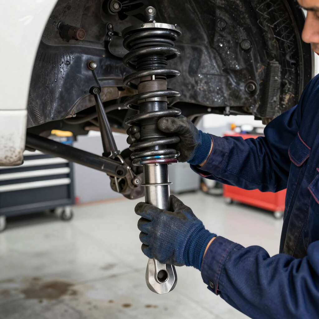 Mechanic installing a car suspension strut in a garage, with wheel well exposed and tools visible