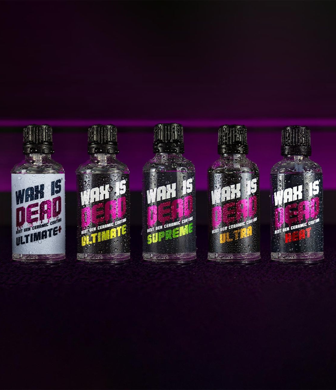 Five colorful supplement bottles lined up on a dark purple background.