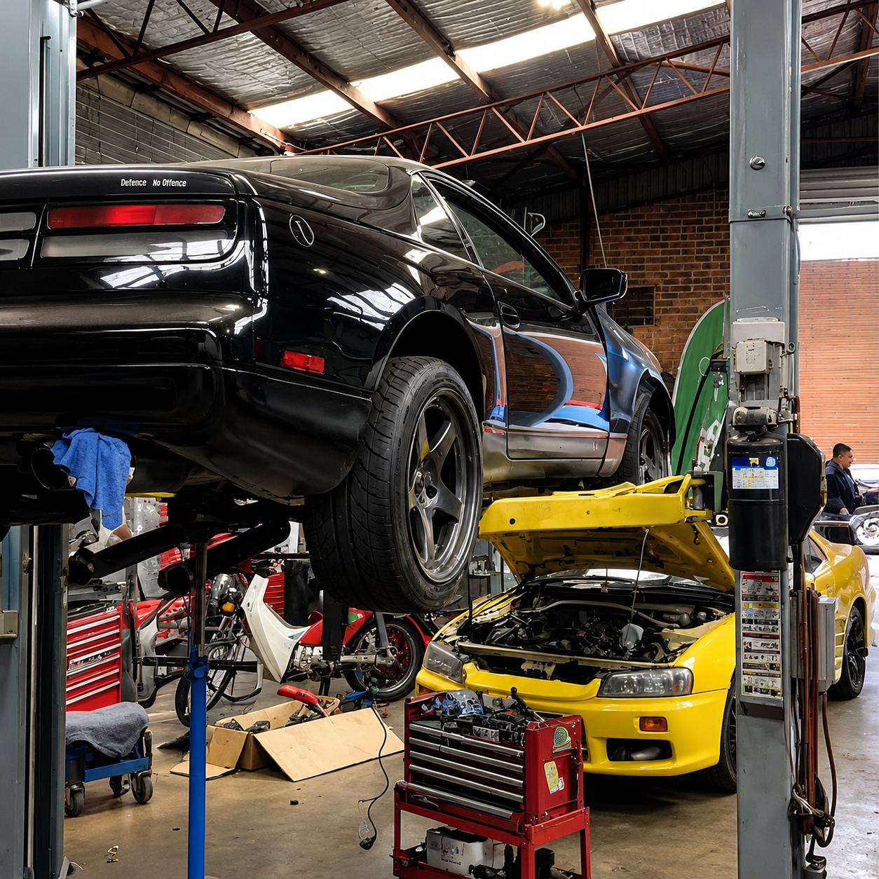 Two cars in an auto shop: black car on lift over yellow car with hood open.