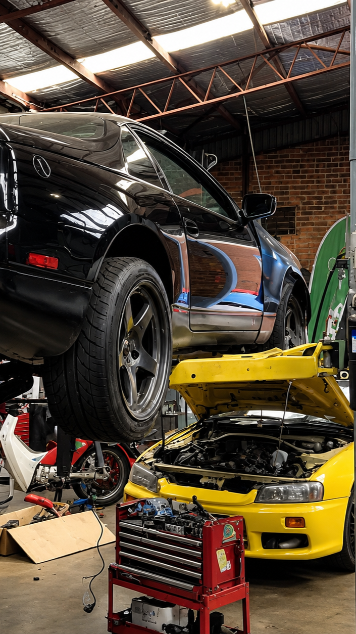 Black SUV lifted on a yellow car in a cluttered auto repair shop