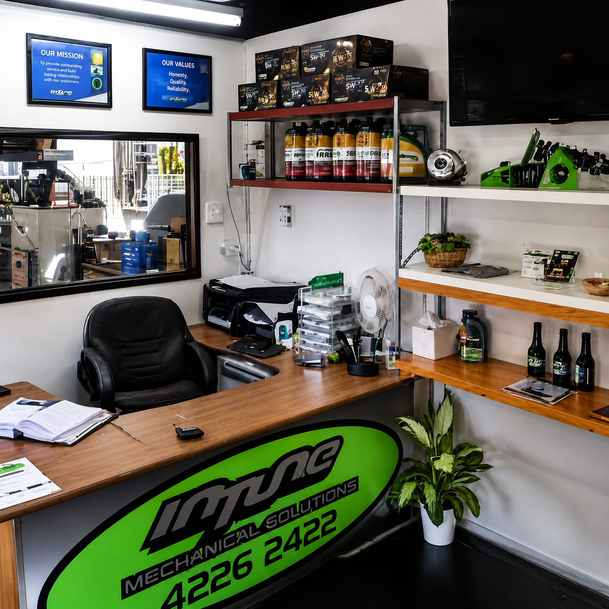 Auto shop office with black chair, wooden desk, wall shelves, and green sign behind the counter