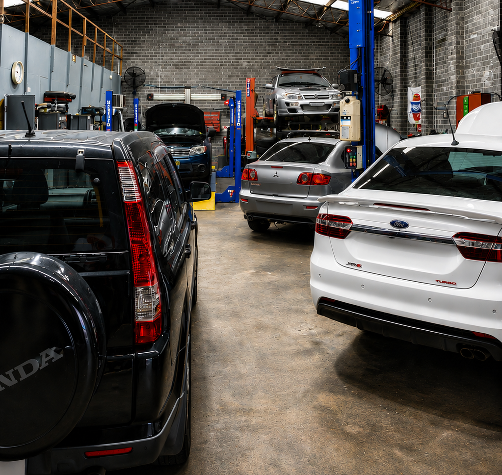 Busy auto repair shop with several parked cars, including white, black, and silver vehicles.