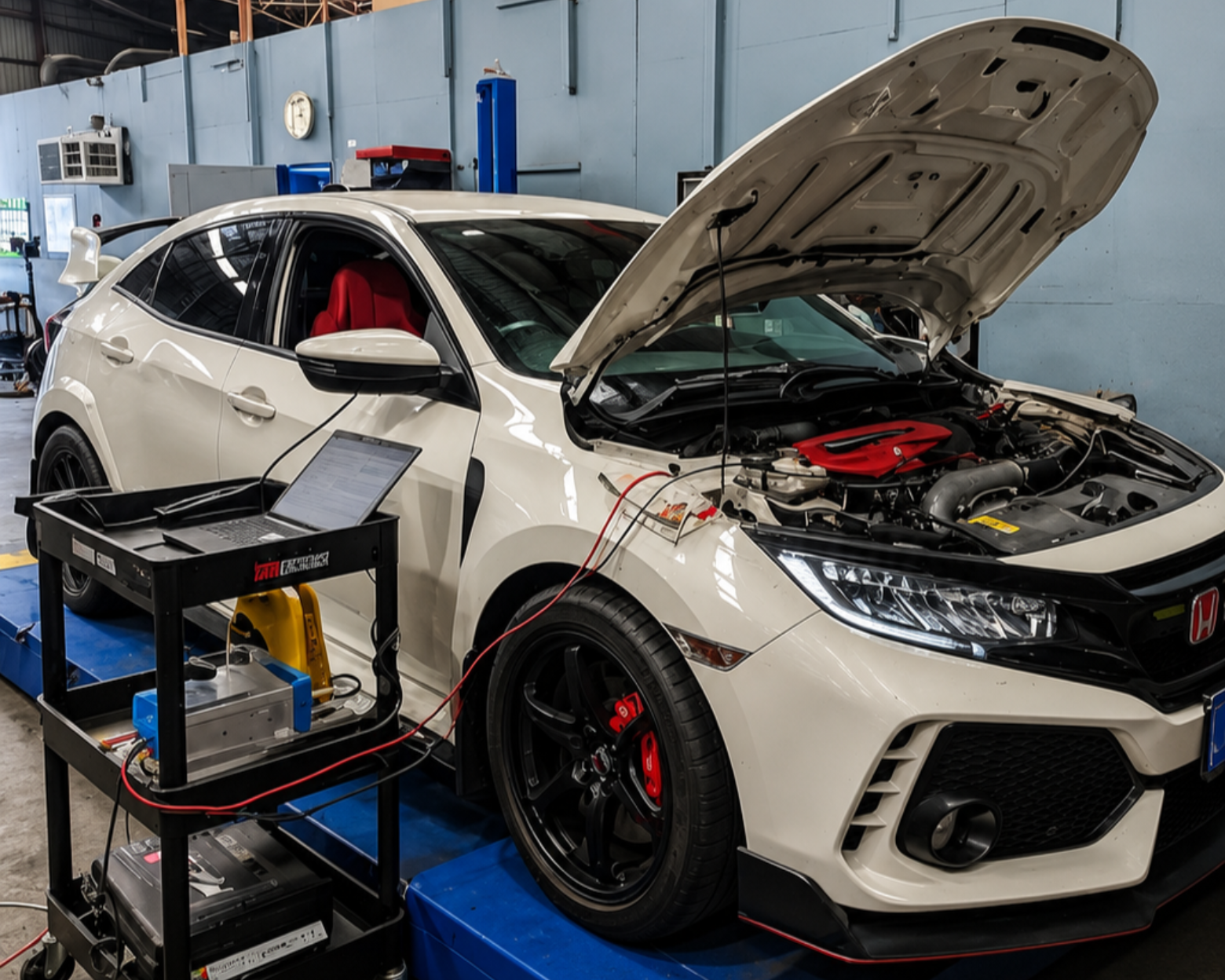 White car with hood open on a dynamometer in a garage, with a laptop cart beside it.