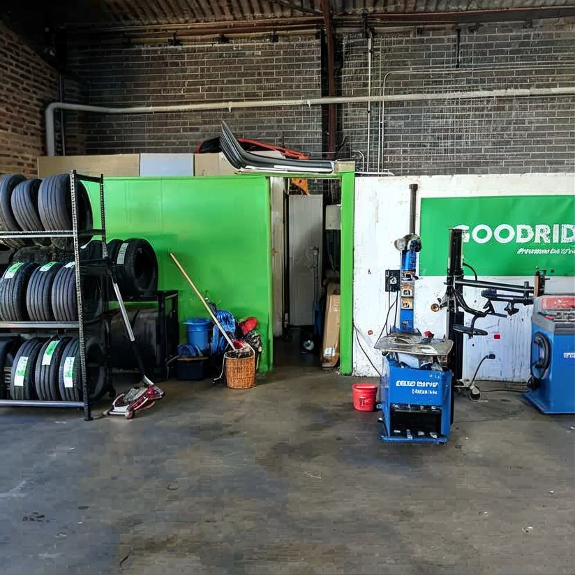 Tire shop interior with stacked tires, green wall, tools, and blue equipment on a concrete floor