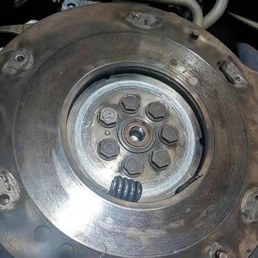 Close-up of a metal wheel hub with several bolts and a central axle nut.