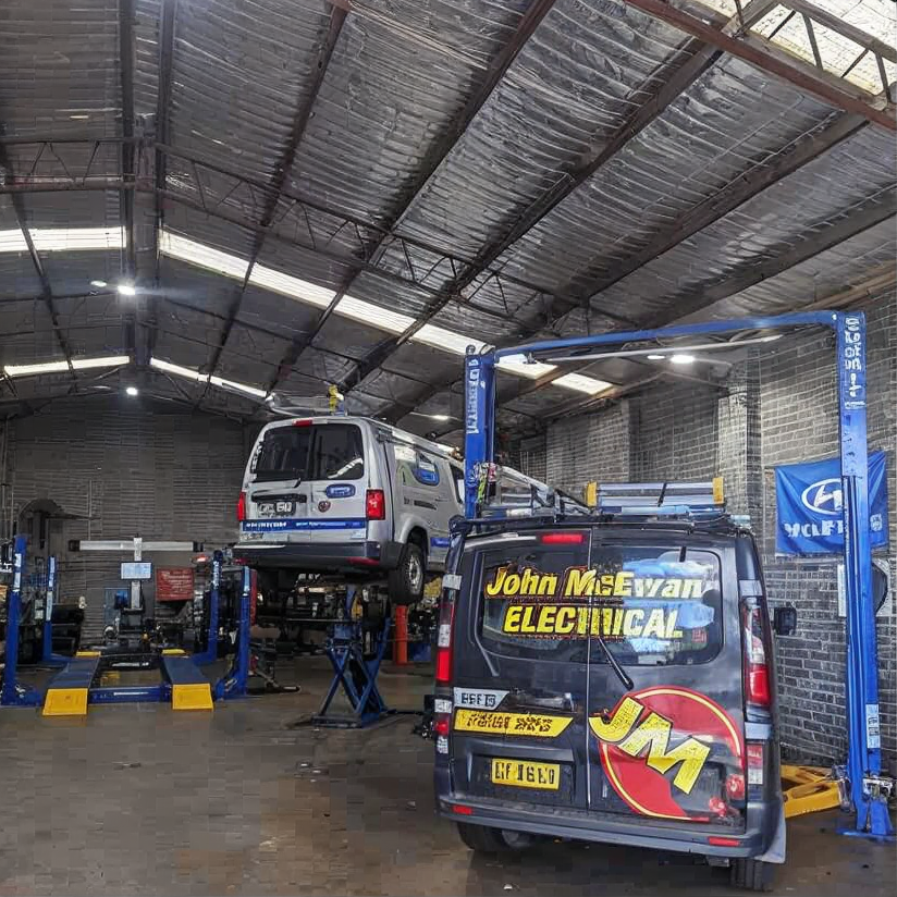 Auto repair workshop with a van on a lift and a blue-and-yellow truck in the foreground