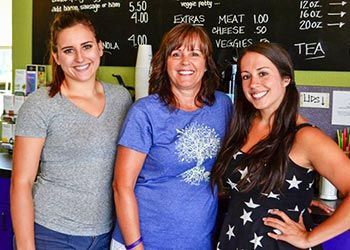 Three women are posing for a picture in front of a chalkboard that says tea